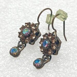 Kenny Ma Crystal Flower Earrings Yellow Blue Stones 1.25” Drop 3.5g Vintage